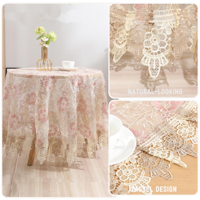 Qubjus Lace Floral Tablecloth Vintage Round Tablecloth Decorative Exquisite Border Table Cover for Party Wedding Home Decorations, Round-48, Pink - Image 3