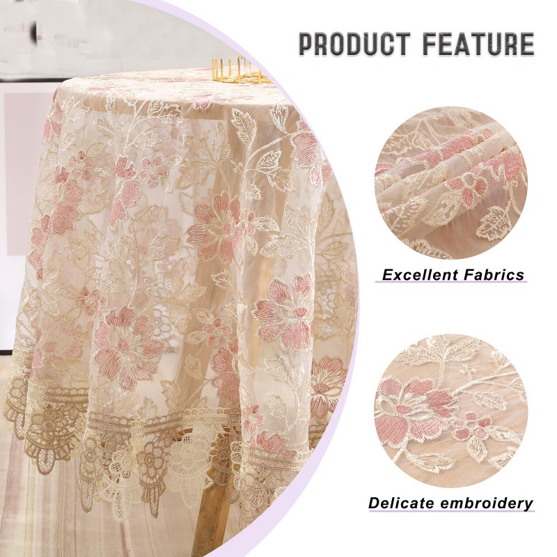 Qubjus Lace Floral Tablecloth Vintage Round Tablecloth Decorative Exquisite Border Table Cover for Party Wedding Home Decorations, Round-48, Pink - Image 2