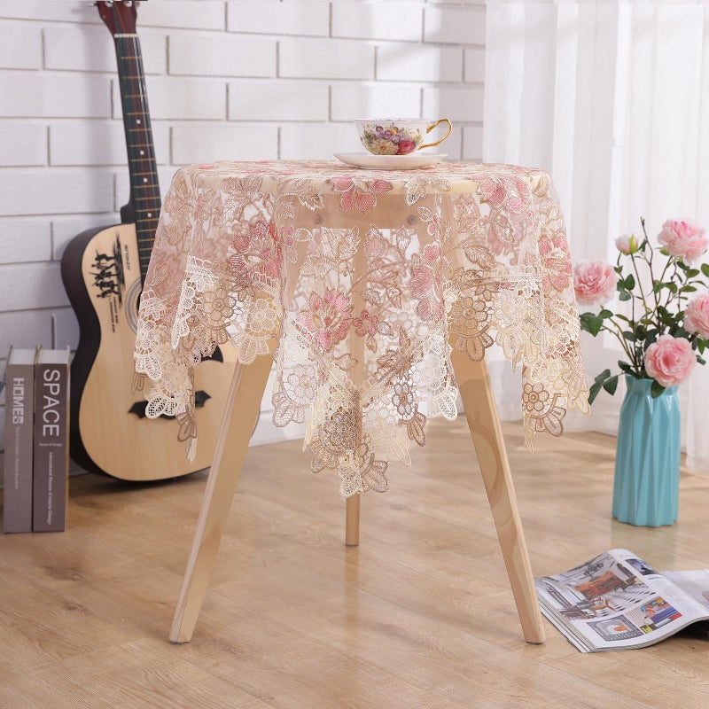 Qubjus Lace Floral Tablecloth Vintage Round Tablecloth Decorative Exquisite Border Table Cover for Party Wedding Home Decorations, Round-48, Pink - Image 5