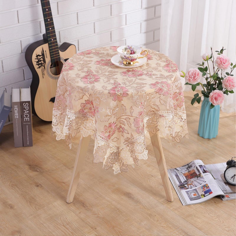 Qubjus Lace Floral Tablecloth Vintage Round Tablecloth Decorative Exquisite Border Table Cover for Party Wedding Home Decorations, Round-48, Pink - Image 4