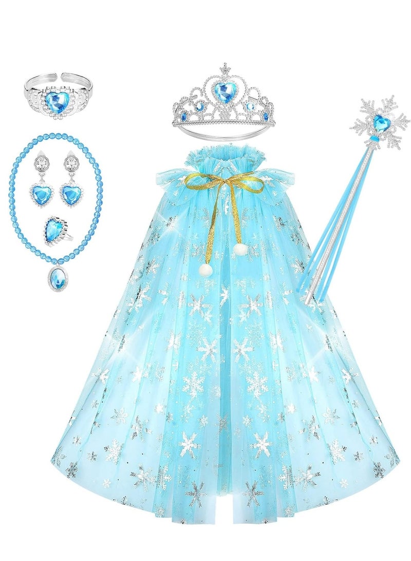 Excefore ملابس تنكر للأميرة لفتاة صغيرة، 7 قطع مع عباءة وتاج، فساتين للبنات من 3 إلى 8 هدايا عيد ميلاد، رقاقات الثلج - Image 1