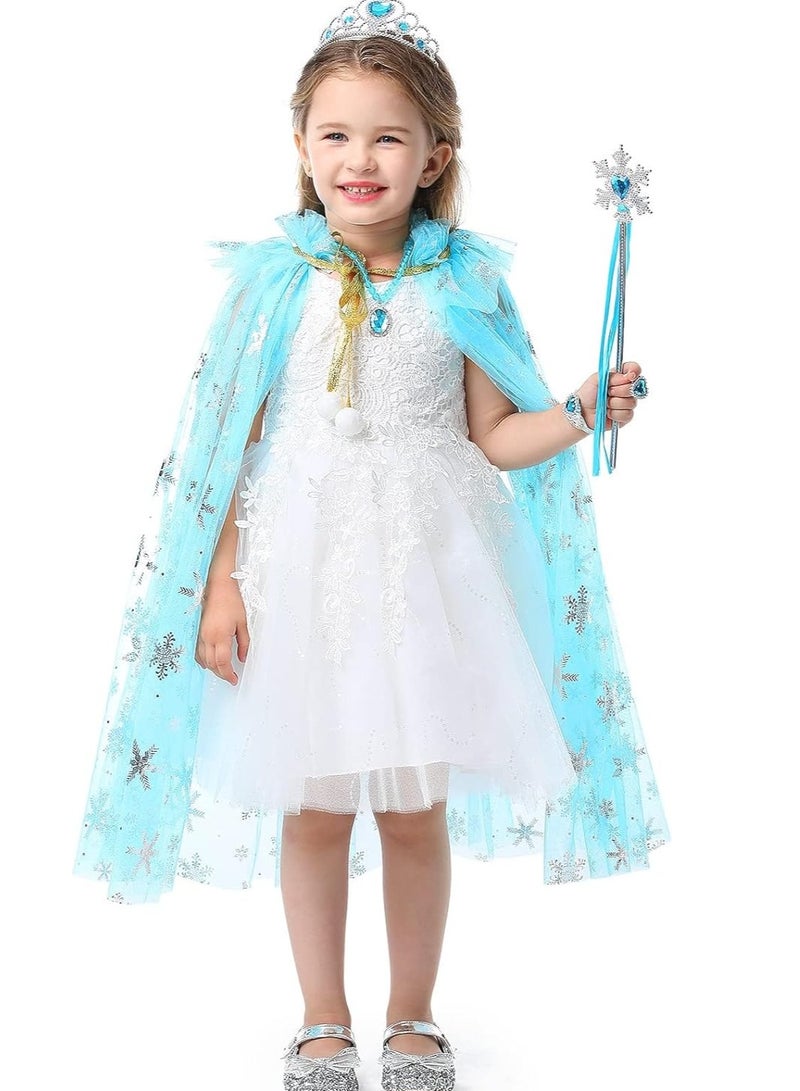 Excefore ملابس تنكر للأميرة لفتاة صغيرة، 7 قطع مع عباءة وتاج، فساتين للبنات من 3 إلى 8 هدايا عيد ميلاد، رقاقات الثلج - Image 4