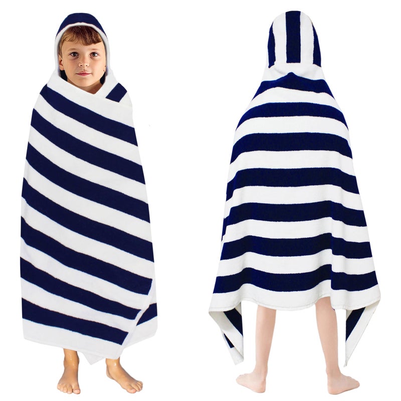 ORIGINAL KIDS Hooded Bath Towel Wrap - 100% Cotton Terry Large Oversized Hooded Kids Towel - Toddler Shower Pool Beach Towel - Soft Plush Absorbent Quick Dry Easy Care Gift - 30x60- Cabana Stripe Blue - Image 1