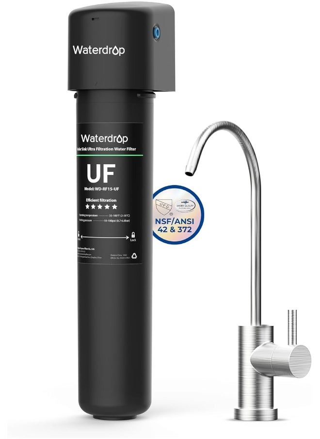 Waterdrop Waterdrop 15UB-UF 0.01 μm Ultra Filtration Under Sink Water Filter System for Bacteria Reduction, Reduces Lead, Chlorine, Bad Taste & Odor, 16K Gallons, with Dedicated Brushed Nickel Faucet, USA Tech  - Image 1