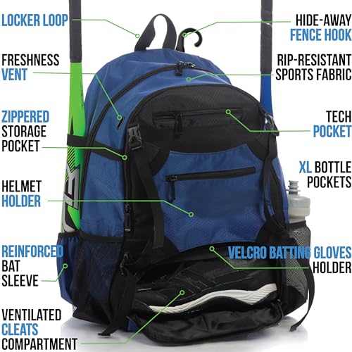 Athletico Advantage Baseball Bag - Baseball Backpack with External Helmet Holder for Baseball, T-Ball & Softball Equipment & Gear for Youth and Adults | Holds Bat, Helmet, Glove, Shoes (Blue) - Image 2