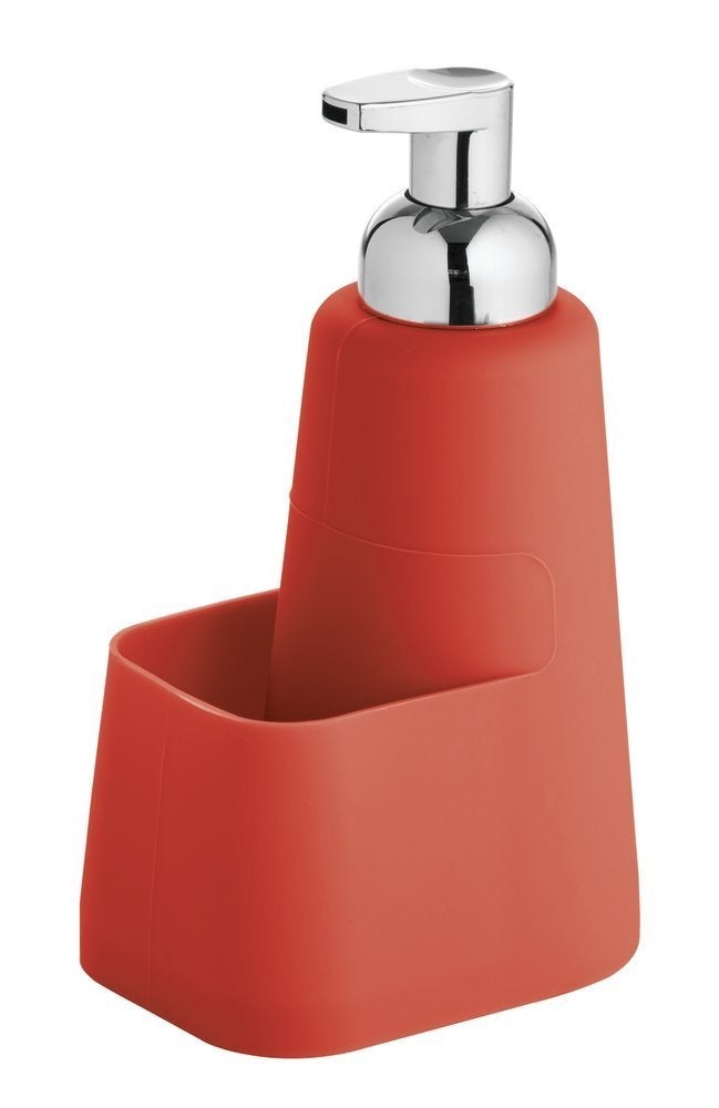 InterDesign InterDesign Lineo Foaming Soap Dispenser Pump with Sponge Caddy Organizer - Rust Proof Lotion Dispenser Holds 16 oz for Kitchen, Sink, Vanity - Red/Chrome - Image 1