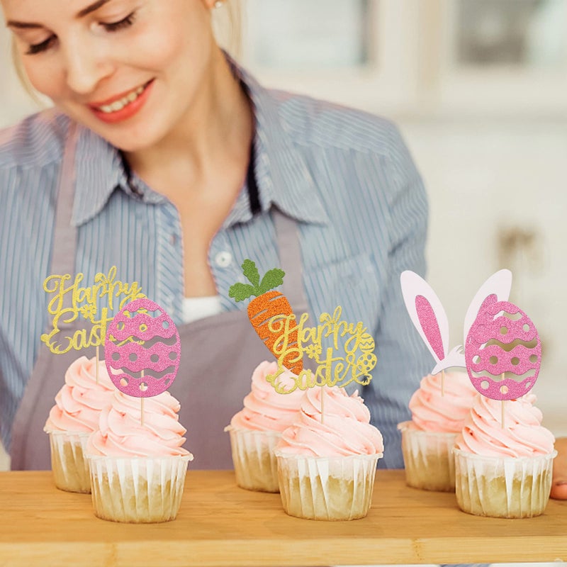 RSSTARXI 24 Pack Glitter Happy Easte Cupcake Topcake Carrot Rabbit Easter Egg Decor Cupcake تختار للأرنب موضوع أذن الطفل ربيع زخارف عيد الفصح عيد الفصح - Image 5