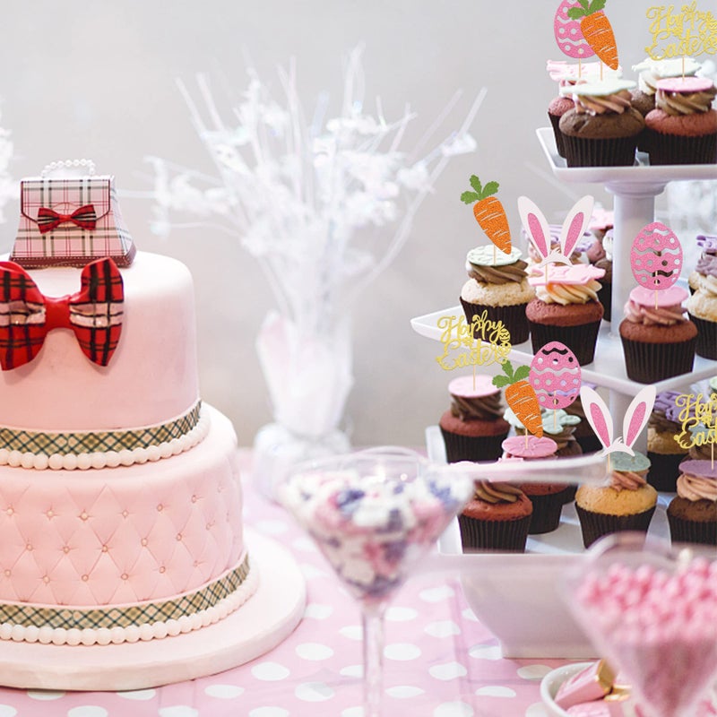 RSSTARXI 24 Pack Glitter Happy Easte Cupcake Topcake Carrot Rabbit Easter Egg Decor Cupcake تختار للأرنب موضوع أذن الطفل ربيع زخارف عيد الفصح عيد الفصح - Image 3