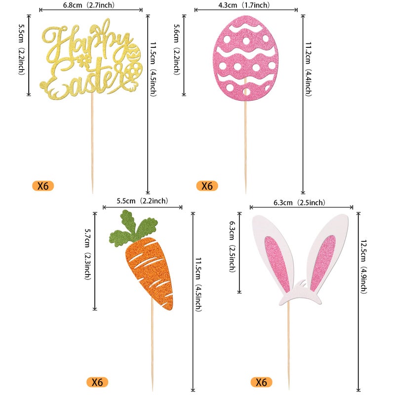 RSSTARXI 24 Pack Glitter Happy Easte Cupcake Topcake Carrot Rabbit Easter Egg Decor Cupcake تختار للأرنب موضوع أذن الطفل ربيع زخارف عيد الفصح عيد الفصح - Image 2
