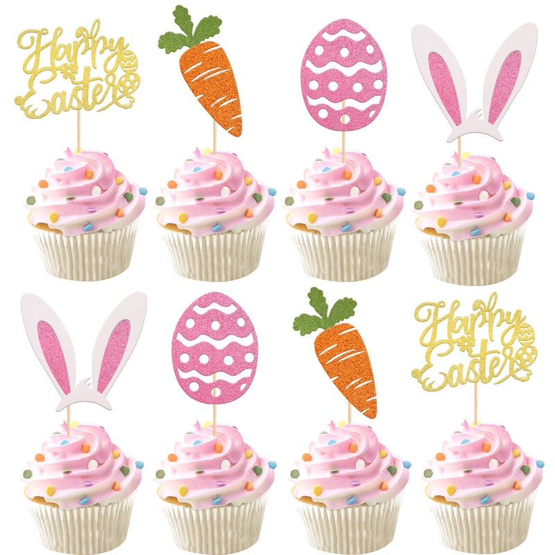 RSSTARXI 24 Pack Glitter Happy Easte Cupcake Topcake Carrot Rabbit Easter Egg Decor Cupcake تختار للأرنب موضوع أذن الطفل ربيع زخارف عيد الفصح عيد الفصح - Image 1