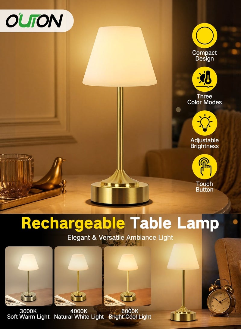 OUTON Portable Cordless Table Lamp, Study Lamp, Modern Minimalist Small Desk Lamp, 4000mAh Rechargeable Battery Powered Wireless Light, 3-Color Dimmable Touch Lamp for Dining Room, Living Room, Bedroom & Bedside (Gold) - Image 1