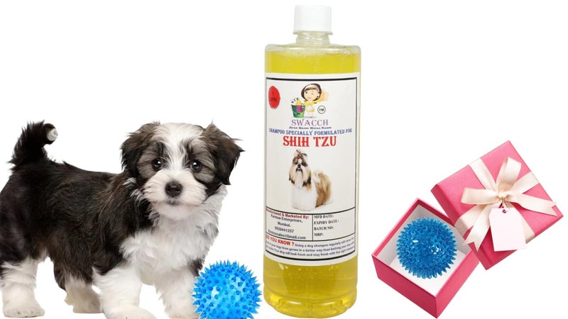 swacch Shampoo | Puppy Safe Shampoo | PH Balanced | Ditch to Itch for Shih Tzu Dog Shampoo 1 Litre (Lemon) + Spike Ball Chew Toy Combo Pack - Image 1