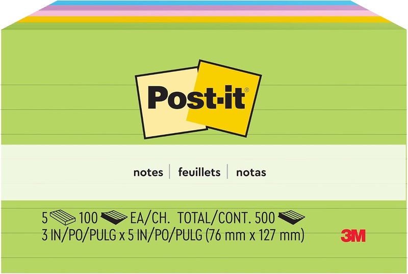 Post It Notes, 3x5 in, 5 Pads, America's #1 Favorite Sticky Notes, Jaipur Collection, Bold Colors (Green, Yellow, Orange, Purple, Blue), Clean Removal, Recyclable (635-5AU) - Image 1