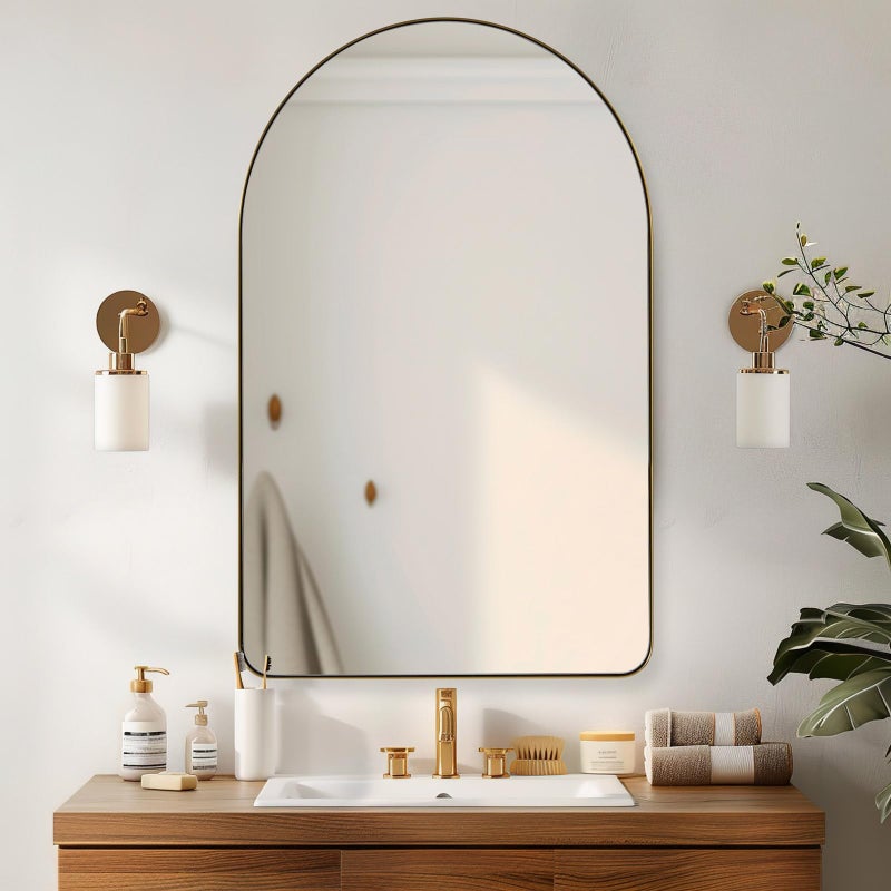 ANDY STAR Arched Mirror 22 x 35 Inch Gold Wall Mirror in Stainless Steel Metal Frame Arch Top Rounded Corner 1 Inch Deep Set Design Wall Mount Hangs Vertical