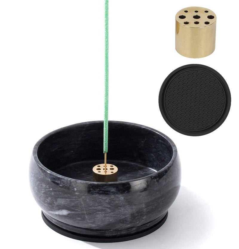 Incense Holder Incense Burner ash Catcher with Brass 9 Holes Incense Stick Holder for Home Decor Yoga Spa Madiation Natural Black Marble Birthday Gifts for Women