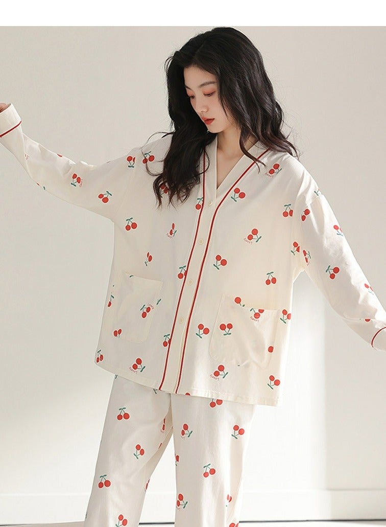 Loquat Women's Printed 2-Piece Set Loose Nightgown Sleepwear Long Sleeve V-Neck Top And Pants Soft Loungewear Wear Pajamas Suit  - Image 1