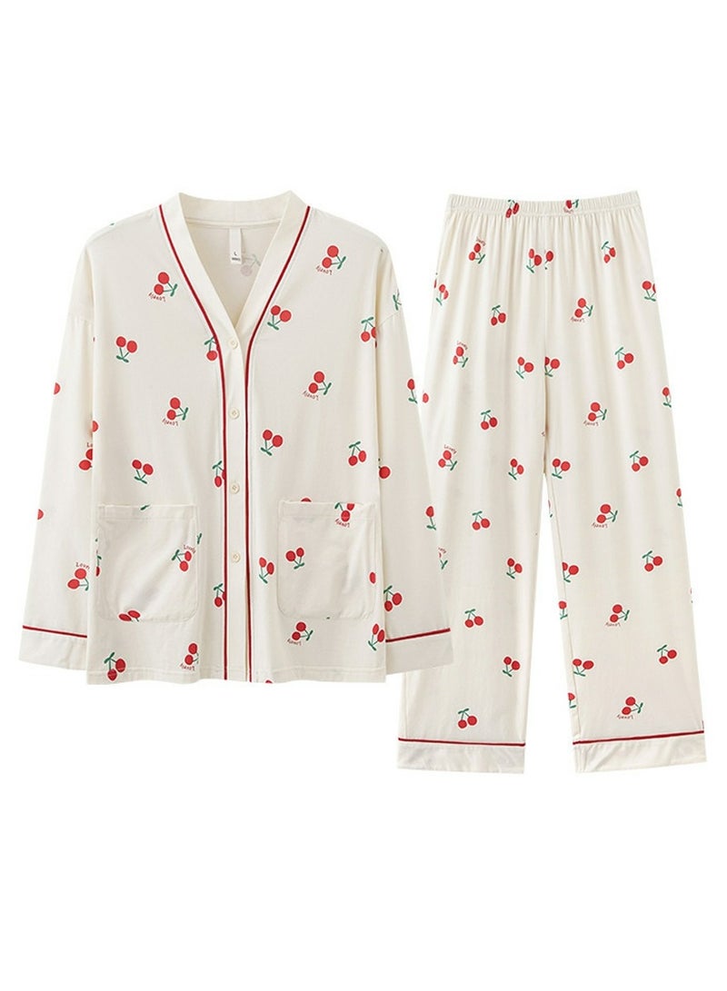 Loquat Women's Printed 2-Piece Set Loose Nightgown Sleepwear Long Sleeve V-Neck Top And Pants Soft Loungewear Wear Pajamas Suit  - Image 3