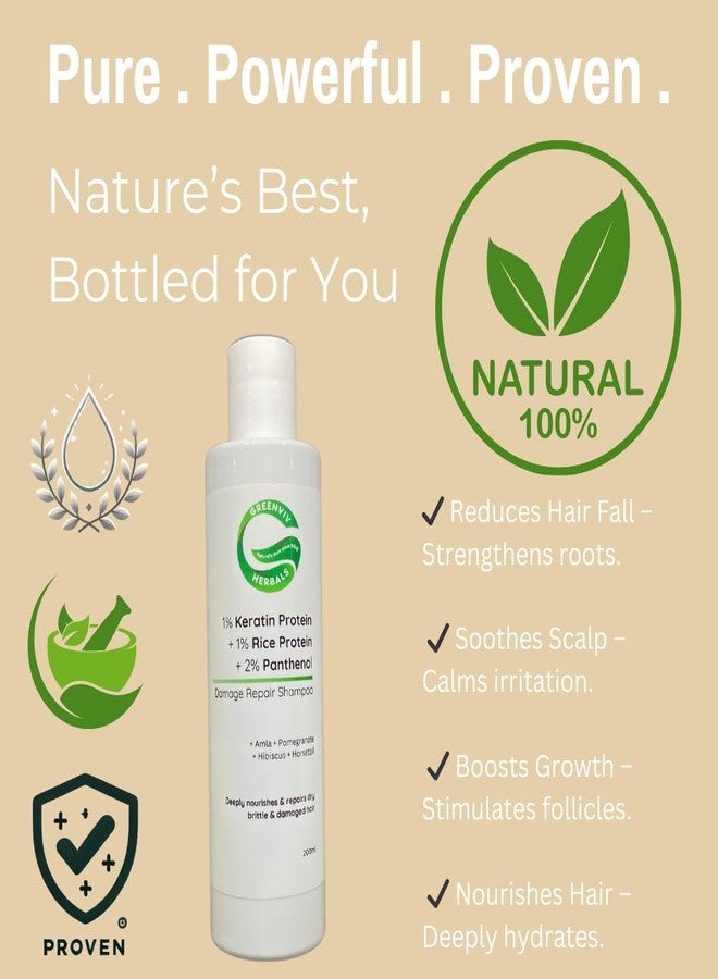 Greenviv Keratin Damage Repair Shampoo | with Rice Protein & Panthenol | Strengthens & Repairs Hair, Reduces Breakage & Restores Shine | For Weak & Chemically Treated Hair | Sulphates & Paraben-Free | For Women & Men | 200 ml - Image 2