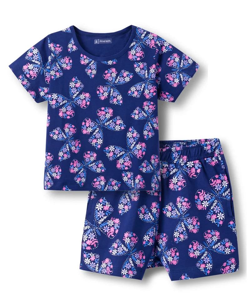 Pine Kids Pine Kids Single Jersey Knit Half Sleeves T-Shirt and  Shorts Night Suit With Floral Print - Navy Blue