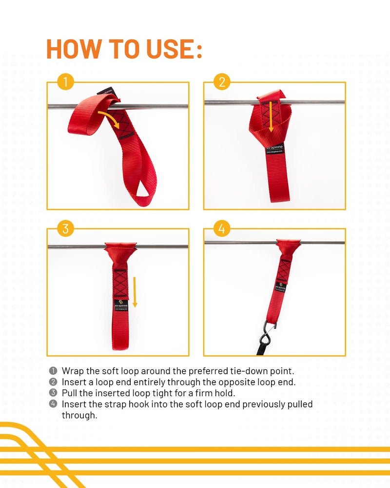 Strapinno 4pcs. Soft Loop Tie-Down Straps -1.7 in x 17 in Straps with 10,500lbs Breaking Strength and 3,500lbs Working Load Limit Each, Ideal for Securing ATV, UTV, Vehicles, and Other Equipment(Red) - Image 4