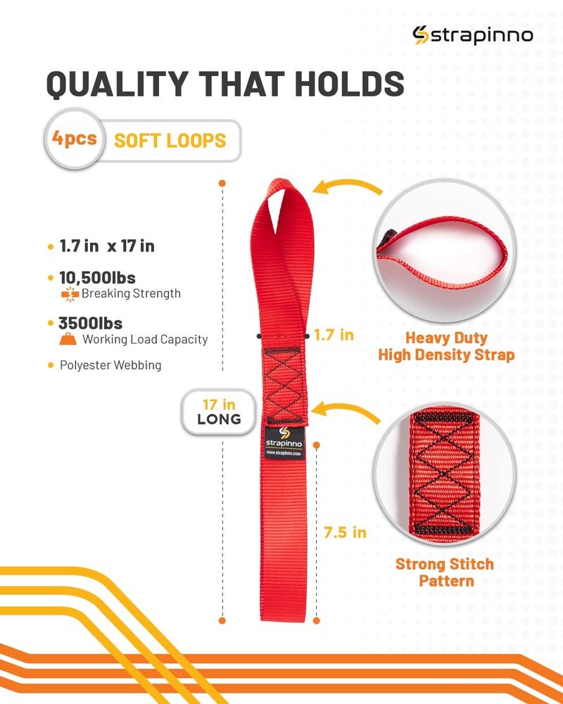 Strapinno 4pcs. Soft Loop Tie-Down Straps -1.7 in x 17 in Straps with 10,500lbs Breaking Strength and 3,500lbs Working Load Limit Each, Ideal for Securing ATV, UTV, Vehicles, and Other Equipment(Red) - Image 2