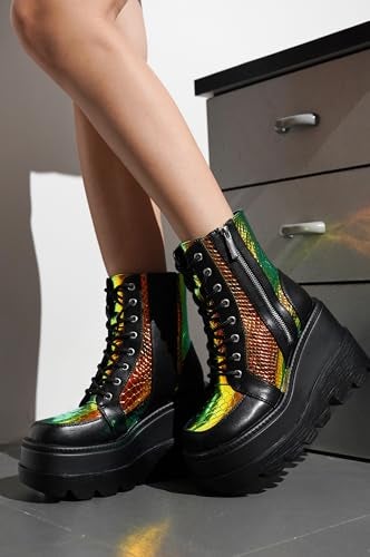 Cape Robbin Holographic Platform Ankle Boots for Women Chunky Block Heels Pointed Toe PU Leather with Buckle Strap Retro Futuristic Style (Radio) - Black Size 8 - Image 2