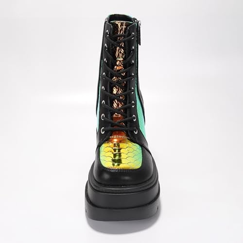 Cape Robbin Holographic Platform Ankle Boots for Women Chunky Block Heels Pointed Toe PU Leather with Buckle Strap Retro Futuristic Style (Radio) - Black Size 8 - Image 5