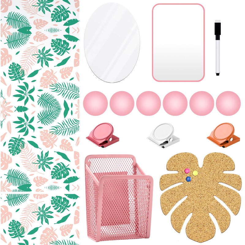 Harloon 15 Pcs Locker Decoration and Organizer Kit Locker Wallpaper Magnetic Pen Holder and Mirror Whiteboard Marker Cork Board with 3 Push Pins 3 Magnetic Clip 6 MagnetsPalm Leaf - Image 2