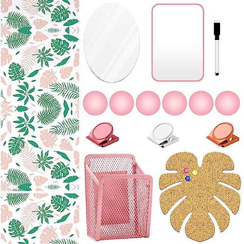 Harloon 15 Pcs Locker Decoration and Organizer Kit Locker Wallpaper Magnetic Pen Holder and Mirror Whiteboard Marker Cork Board with 3 Push Pins 3 Magnetic Clip 6 MagnetsPalm Leaf - Image 1