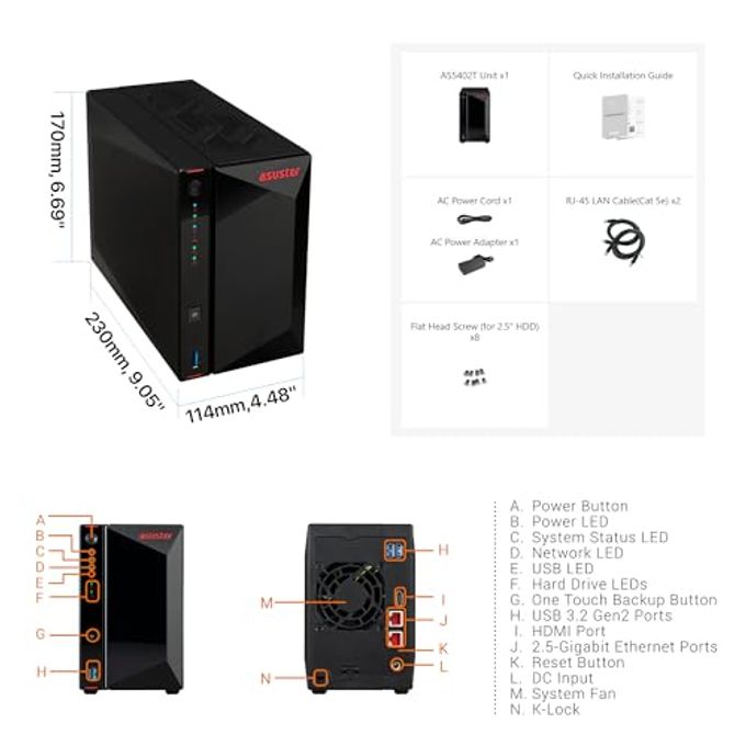 asustor As5402T, 2 Bay Nas, Intel Quad-Core 2.0Ghz Cpu, 4X M.2 Nvme Ssd Slots, 2X2.5Gbe Ports, 4Gb Ddr4 Ram, Cloud Storage For Gaming And Live Stream, Network Attached Storage(Diskless) - Image 3