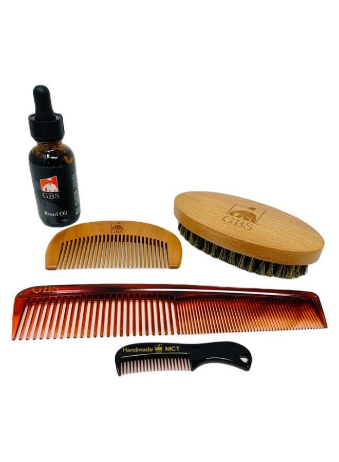 G.B.S Beard Brush & Beard Comb Set With Mustache Comb Natural Boar Bristle Brush Wood Fine Tooth Comb Natural Beard Oil Hair Styling Comb 5 Pc Grooming Kit For Men - Image 1