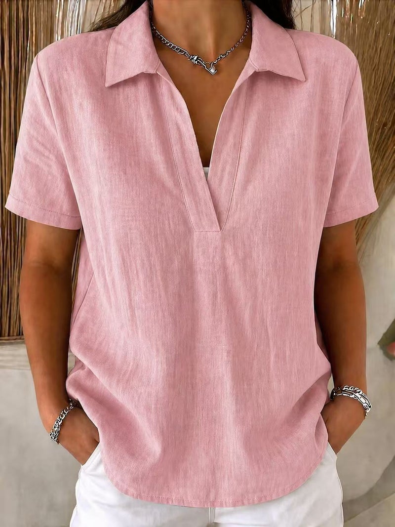 Women's Knit Polo Neck Blouse with Linen-Look Patchwork Detail - Image 1