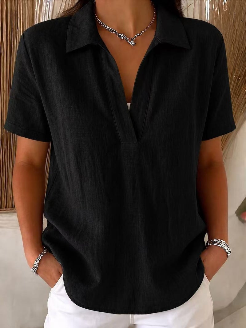 Women's Knit Polo Neck Blouse with Linen-Look Patchwork Detail - Image 3