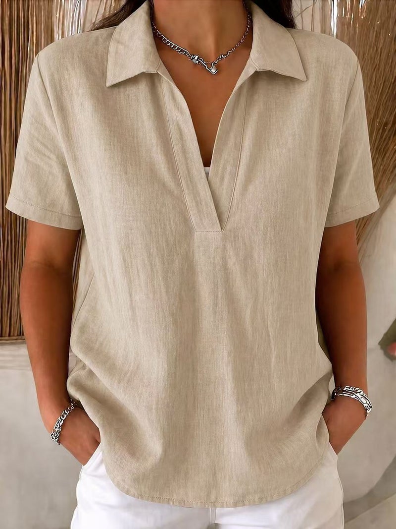 Women's Knit Polo Neck Blouse with Linen-Look Patchwork Detail - Image 2