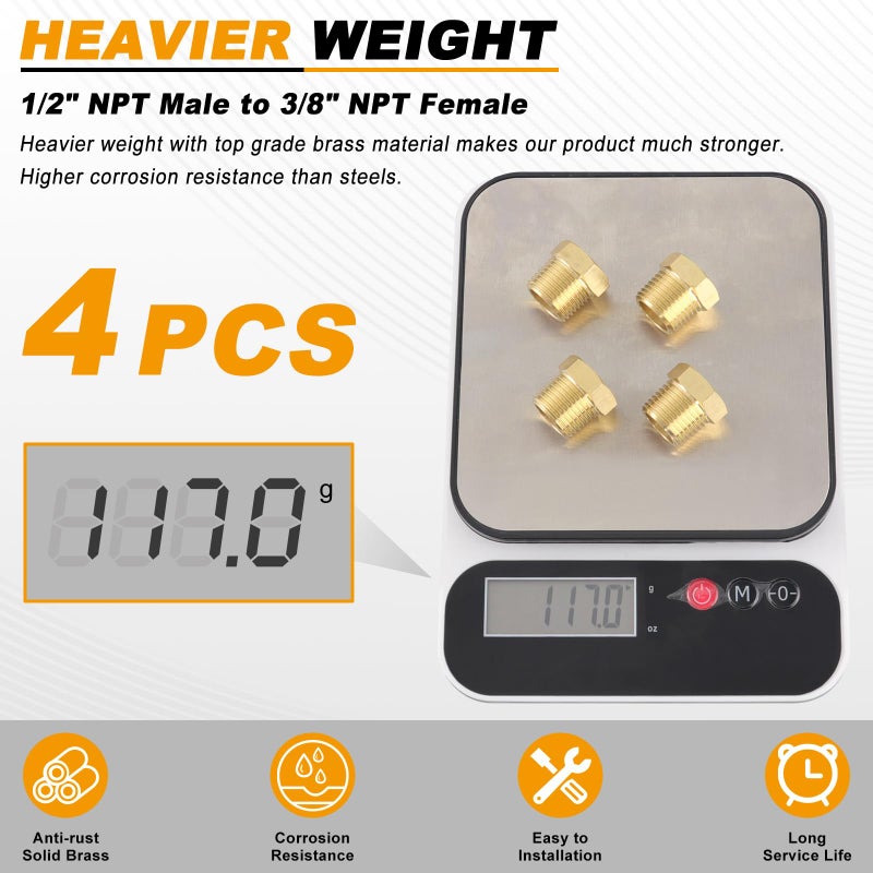 KOOTANS 4pcs Heavy Duty 1/2 NPT Male Thread to 3/8 NPT Female Thread Brass Reducer Hex Bushing Brass Fitting Pipe Hose Tube Adapter Convert - Image 5