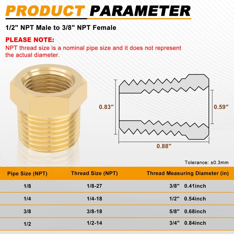 KOOTANS 4pcs Heavy Duty 1/2 NPT Male Thread to 3/8 NPT Female Thread Brass Reducer Hex Bushing Brass Fitting Pipe Hose Tube Adapter Convert - Image 2