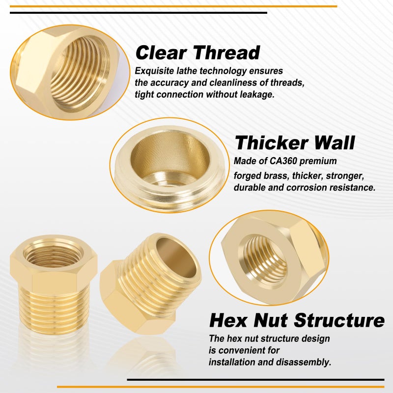 KOOTANS 4pcs Heavy Duty 1/2 NPT Male Thread to 3/8 NPT Female Thread Brass Reducer Hex Bushing Brass Fitting Pipe Hose Tube Adapter Convert - Image 3
