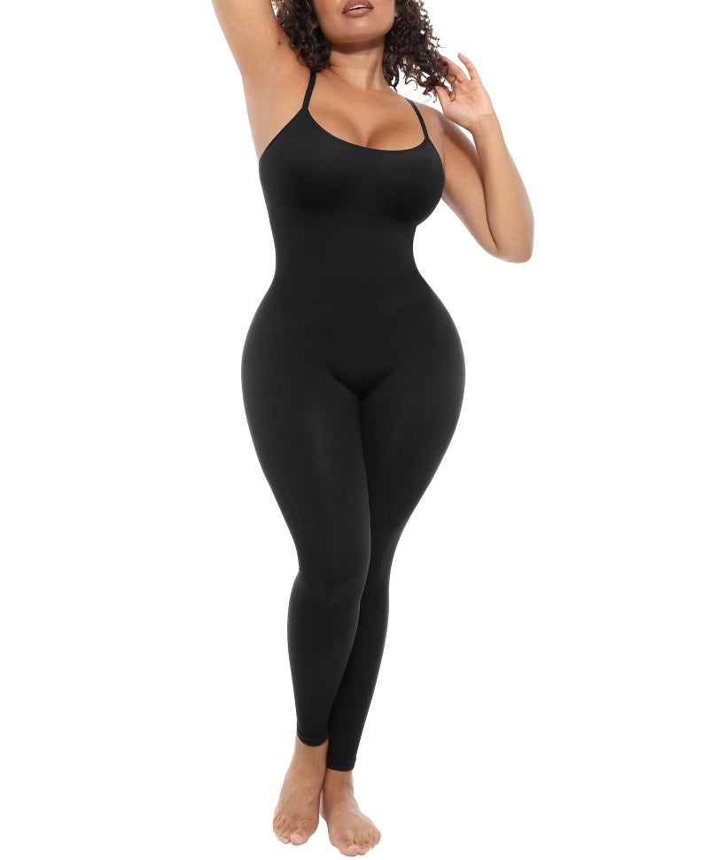 FeelinGirl Soft Jumper for Women Scoop Neck Bodycon One Piece Seamless Ribbed Rompers Shaper Unitard Black XS/S - Image 1