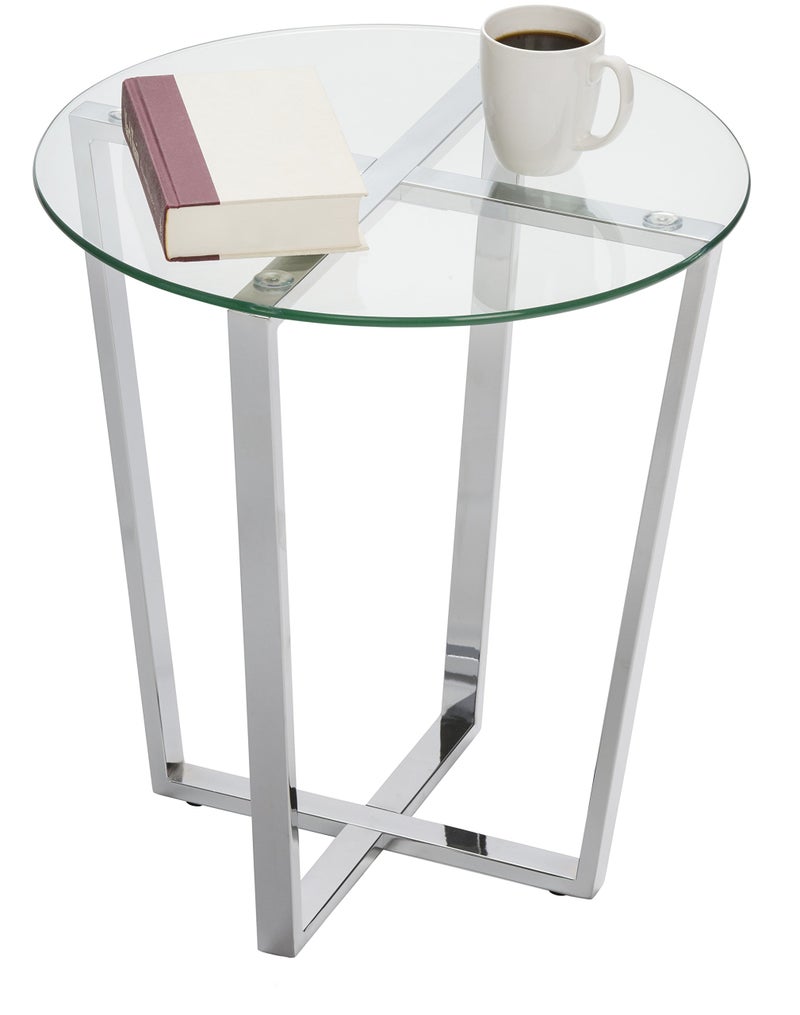 Mango Steam Round Metro Glass End TableSide Tablefor Living Room  Dining Room  Clear TopChrome Base