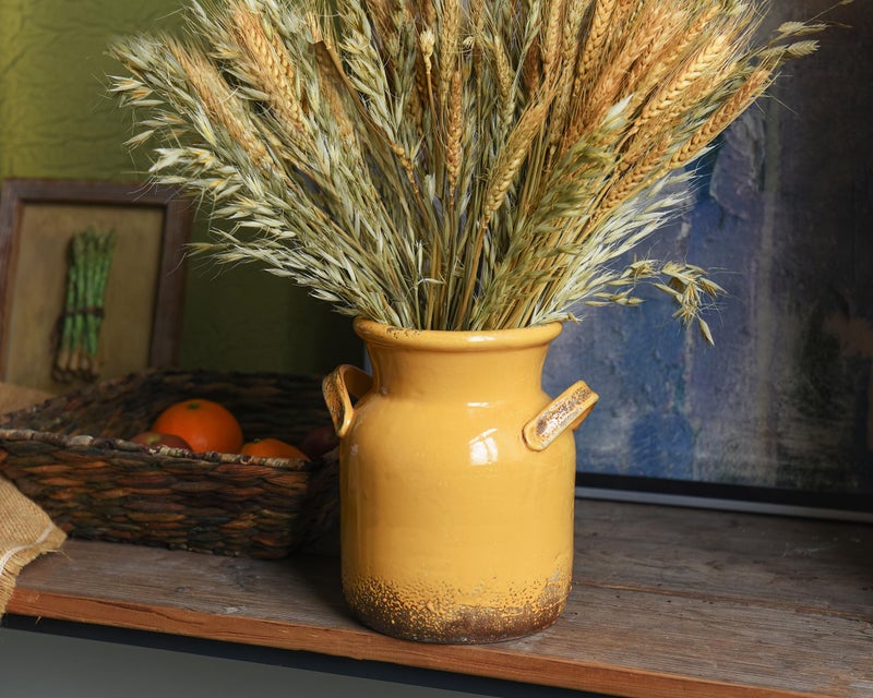 Quoowiit Ceramic Rustic Farmhouse Vase, Distressed Decorative Flower Vases for Home Decor, Ideal Shelf Decor, Yellow Boho Vase for Living Room Bedroom Kitchen Office Centerpiece Table Decorations - Image 3
