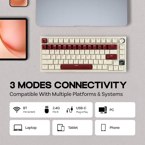 MechLands Ajazz AK820 Pro 75% Wireless Gaming Keyboard with TFT Display Screen & Knob, Gasket Mechanical Creamy Keyboard, BT5.0/2.4GHz/USB-C, RGB, NKRO for Win/Mac (Beige, Gift Switch) - Image 5