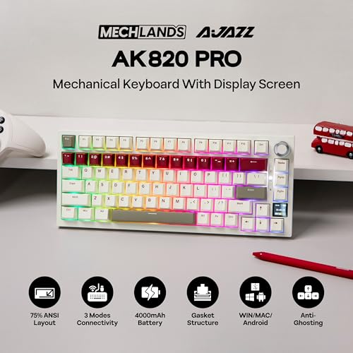 MechLands Ajazz AK820 Pro 75% Wireless Gaming Keyboard with TFT Display Screen & Knob, Gasket Mechanical Creamy Keyboard, BT5.0/2.4GHz/USB-C, RGB, NKRO for Win/Mac (Beige, Gift Switch) - Image 2