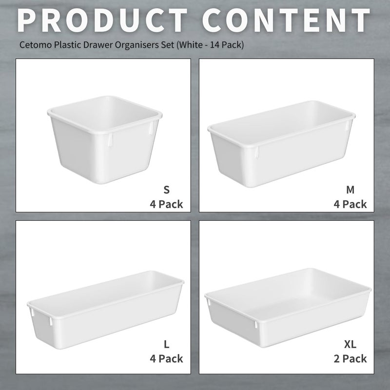 Cetomo 14 Pcs Drawer Organiser Set, Plastic Storage Drawer Organizer, Drawer Dividers, Adjustable and Expandable, Container Tray for Kitchen Utensils, Cosmetic, Makeup, Gadgets, White, 4 Size-14 Pack - Image 3