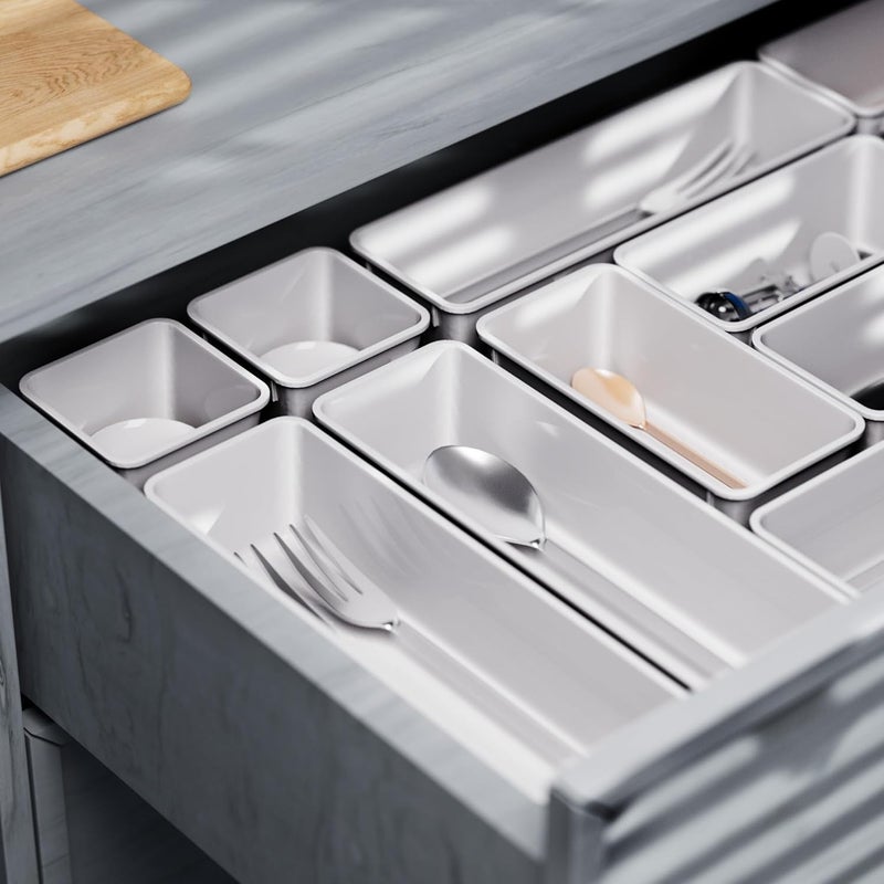 Cetomo 14 Pcs Drawer Organiser Set, Plastic Storage Drawer Organizer, Drawer Dividers, Adjustable and Expandable, Container Tray for Kitchen Utensils, Cosmetic, Makeup, Gadgets, White, 4 Size-14 Pack - Image 5