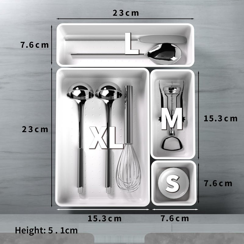 Cetomo 14 Pcs Drawer Organiser Set, Plastic Storage Drawer Organizer, Drawer Dividers, Adjustable and Expandable, Container Tray for Kitchen Utensils, Cosmetic, Makeup, Gadgets, White, 4 Size-14 Pack - Image 2