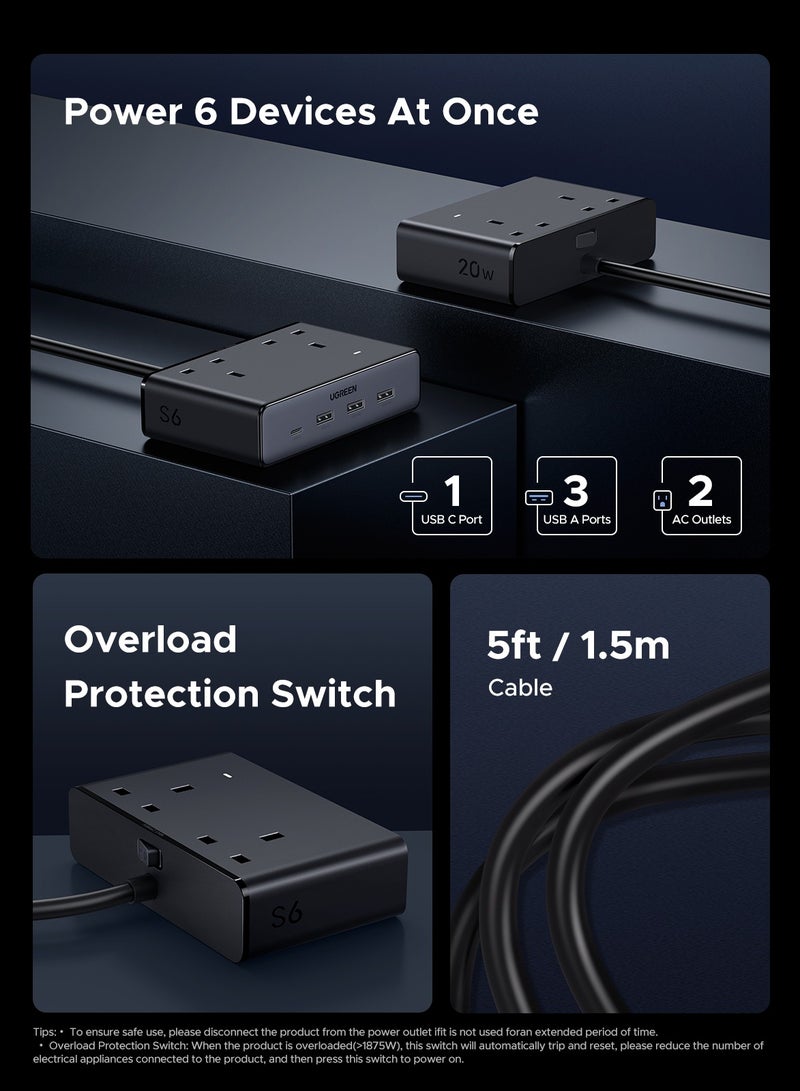 Ugreen 2990W Power Strip  Home Extension Plug With 2AC Ports 3A1C Fast USB Charger 20W With 1.5M Extension Cable Charging Station Space Saving Suitable for  Living Room Bed Room Kitchen Outdoor - - Image 2