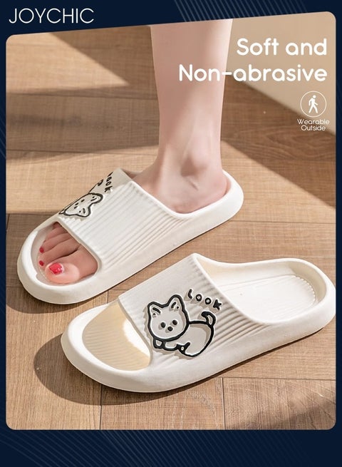 Lovely Cartoon Cat Pattern Spring and Summer Non-slip Wear Resistant Home Bathroom Quick-drying and Breathable Slippers with High Resilience for Women White