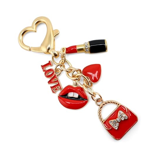 MyfavoriteK Chic Red Lipstick Keychain for Women – Fashion Purse Charm with Love Heart, Lips & Bag Pendant (Red Heart) - Image 1