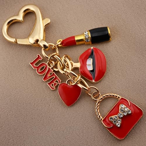 MyfavoriteK Chic Red Lipstick Keychain for Women – Fashion Purse Charm with Love Heart, Lips & Bag Pendant (Red Heart) - Image 2