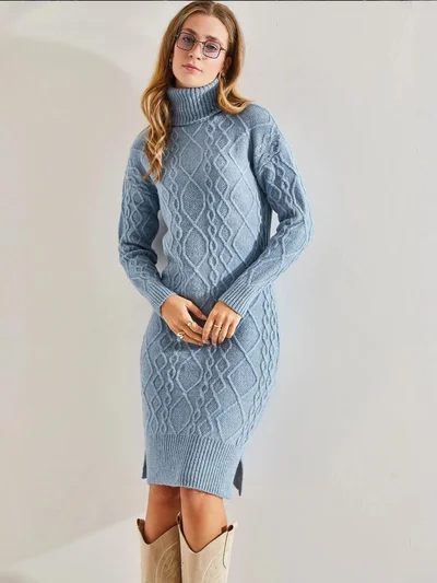 Bianco Lucci LUCCI Textured Turtleneck Fitted Knit Dress